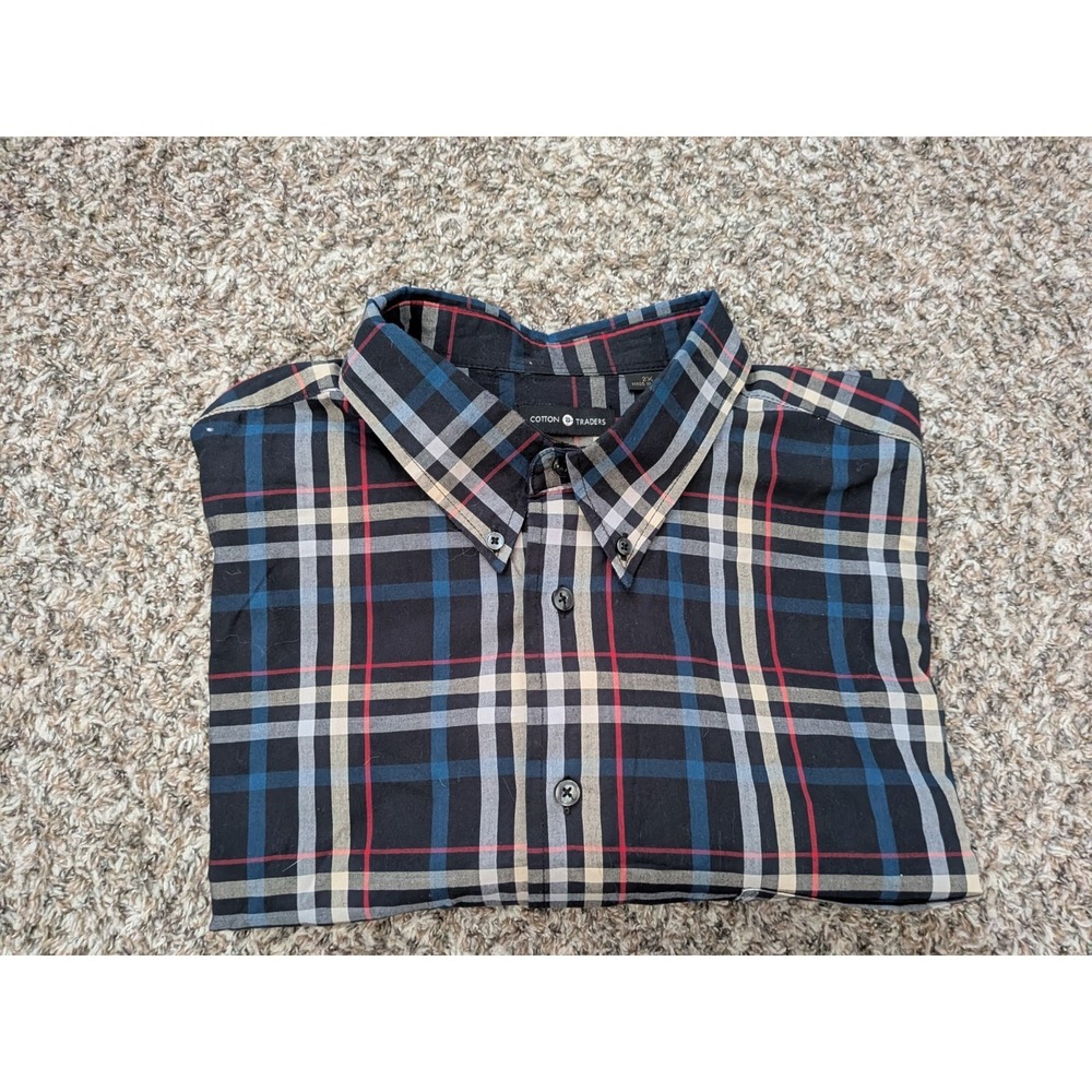 Cotton Traders Plaid Shirt Button Up 2XL Black Blue‎ Multi Men's Dress Shirt